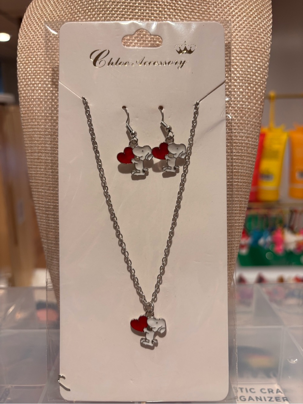 Red Heart Snoopy Necklace & Earring Set